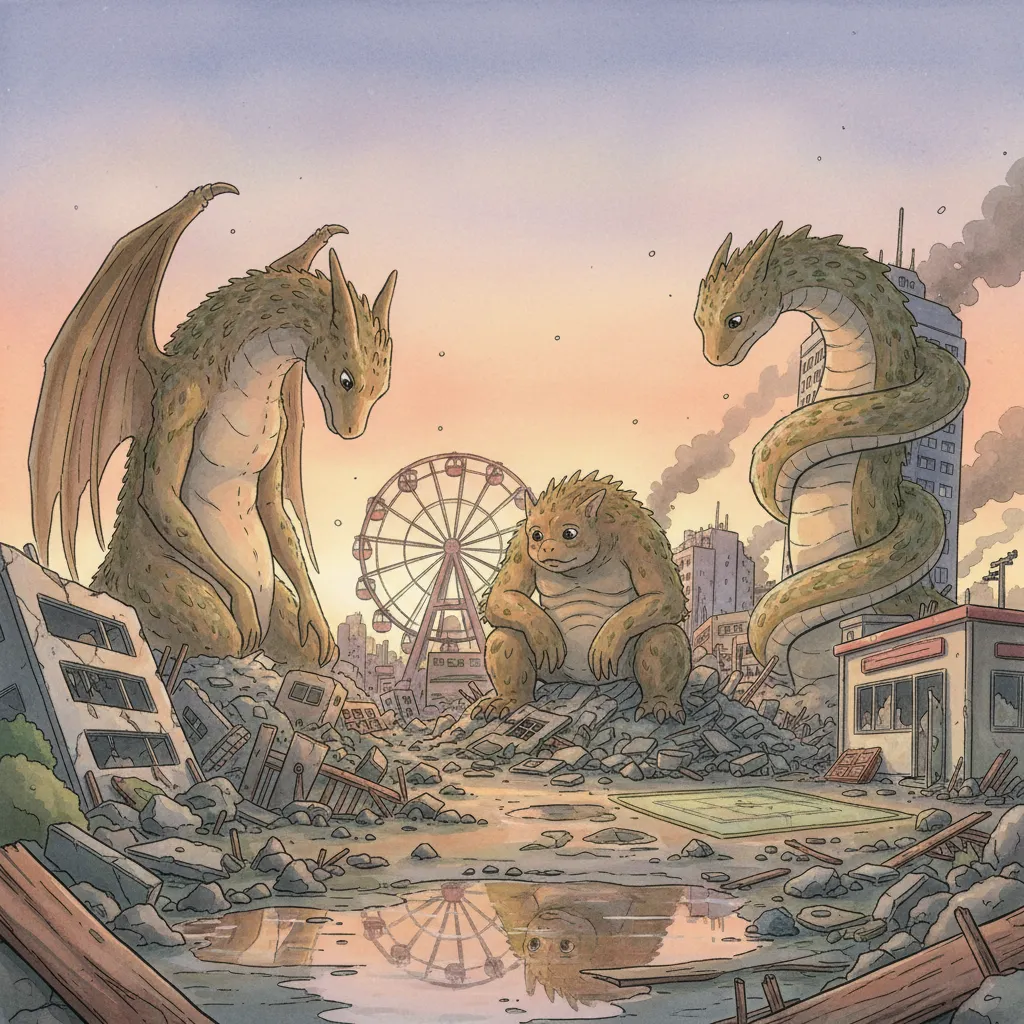 半壊した港町の中で立ち尽くす3匹