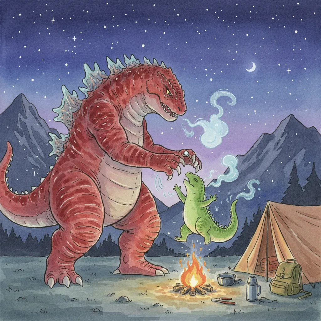 暗い早朝の火山斜面でガリョウと向き合うノビ