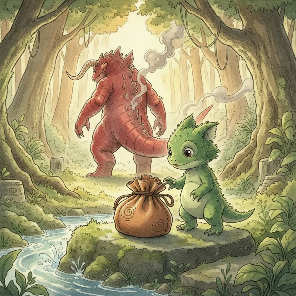 朝焼けの中で地面に倒れるノビと、その横に水袋を置くガリョウ