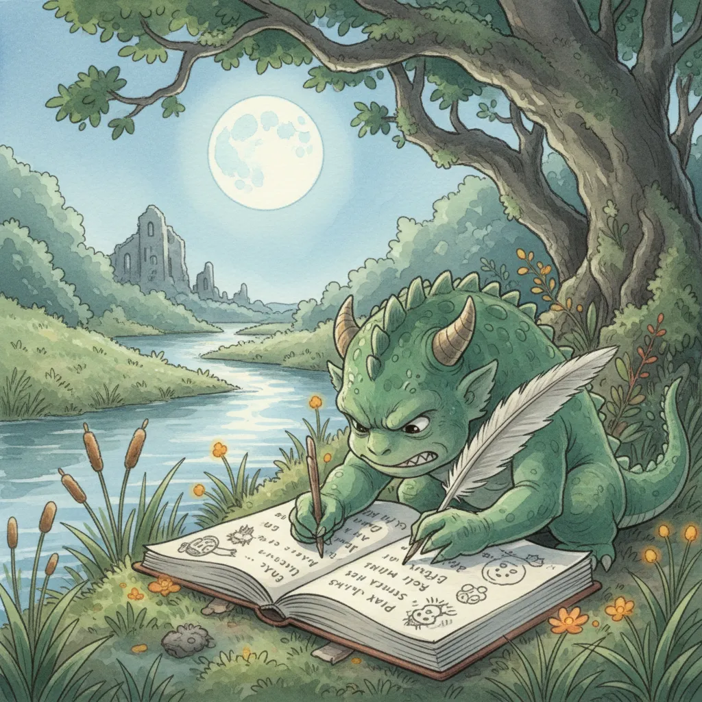 明け方の焚き火のそばでノートを開くノビ