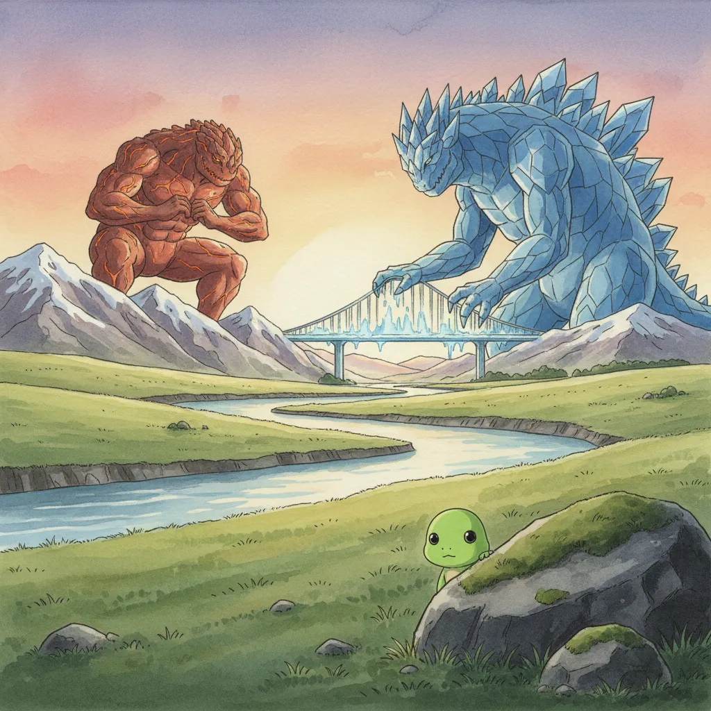 山腹でスクワットするガリョウと、川に橋を架けるクロワを遠くから見つめるノビ