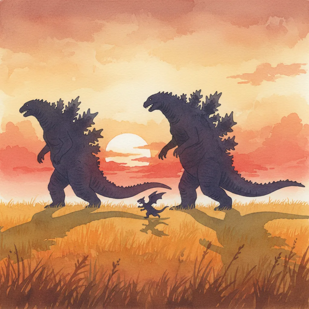 焚き火のそばでノートを開くノビと、眠るガリョウと星を見るクロワ