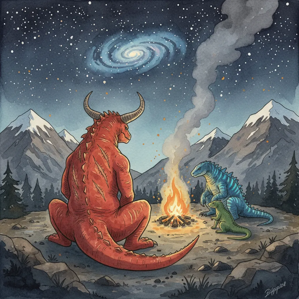 焚き火の光に照らされたガリョウの背中の傷痕