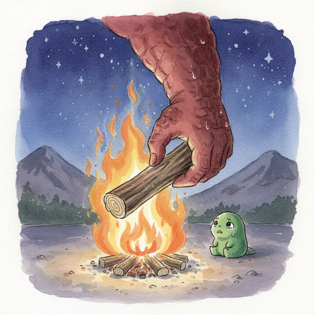 暗闇の中、焚き火に薪を放り込むガリョウの手