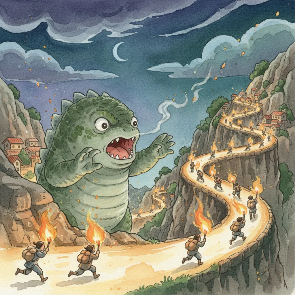 夜の山村で煙を見つめるノビの小さな背中