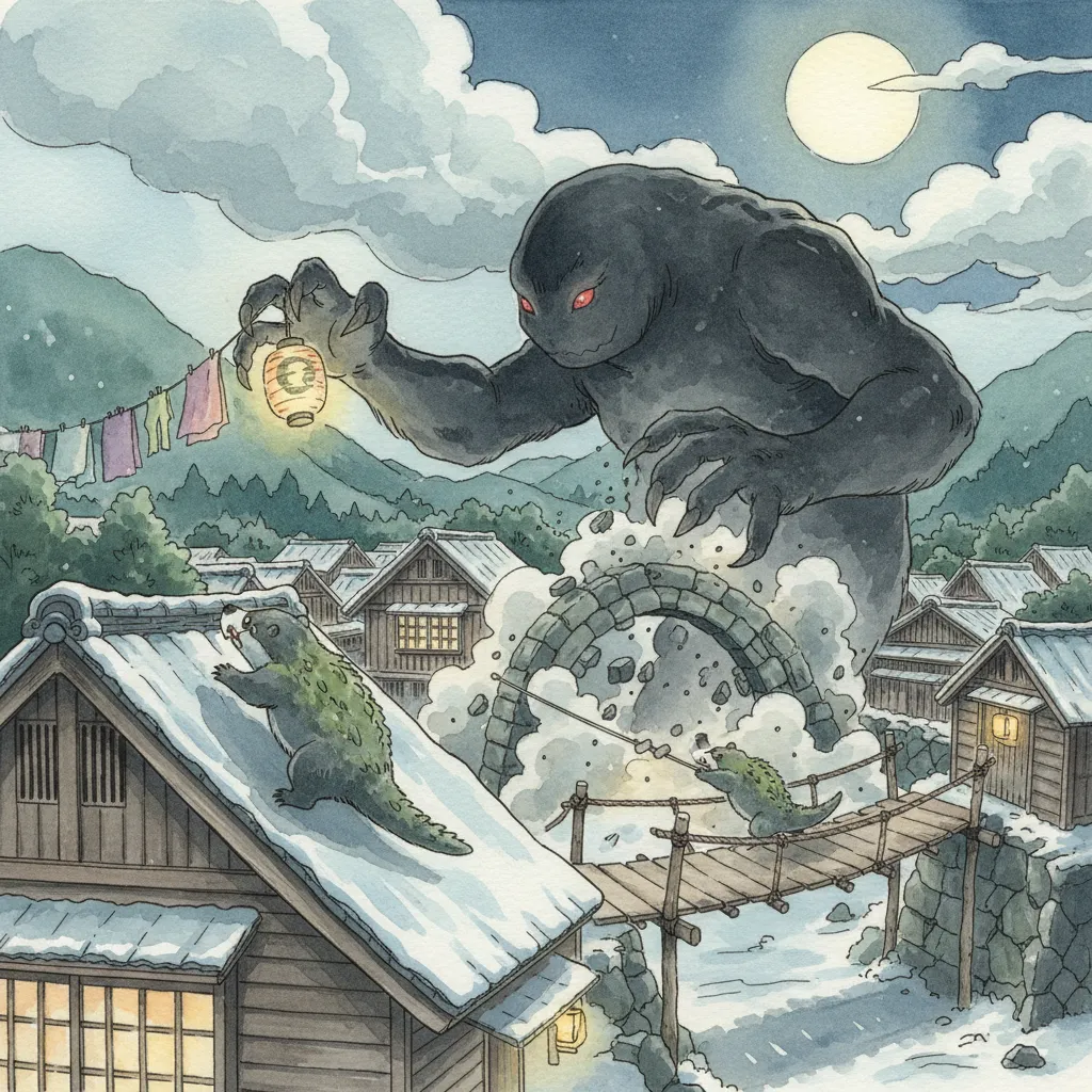 松明を持って走り回るノビと斜面を転がり落ちる敵