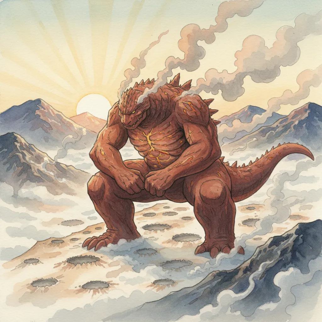 朝焼けの中、溶岩の斜面でスクワットするガリョウのシルエット