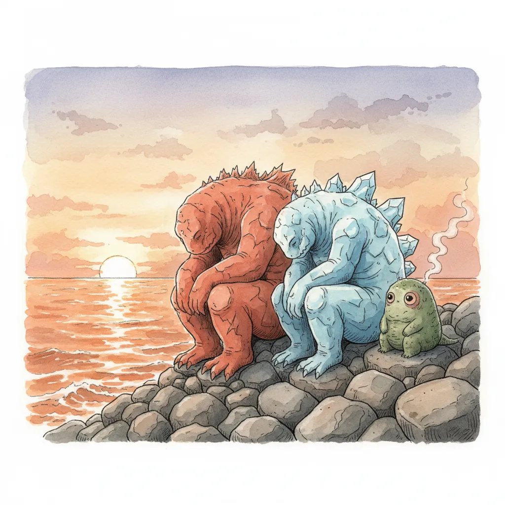 夕暮れの堤防に並んで座る3匹