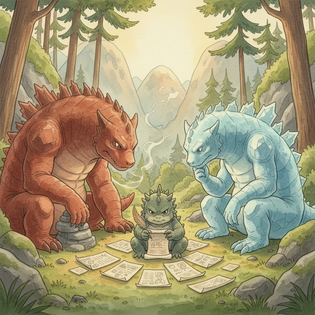 洞窟の岩テーブルを囲んでブレストする3匹