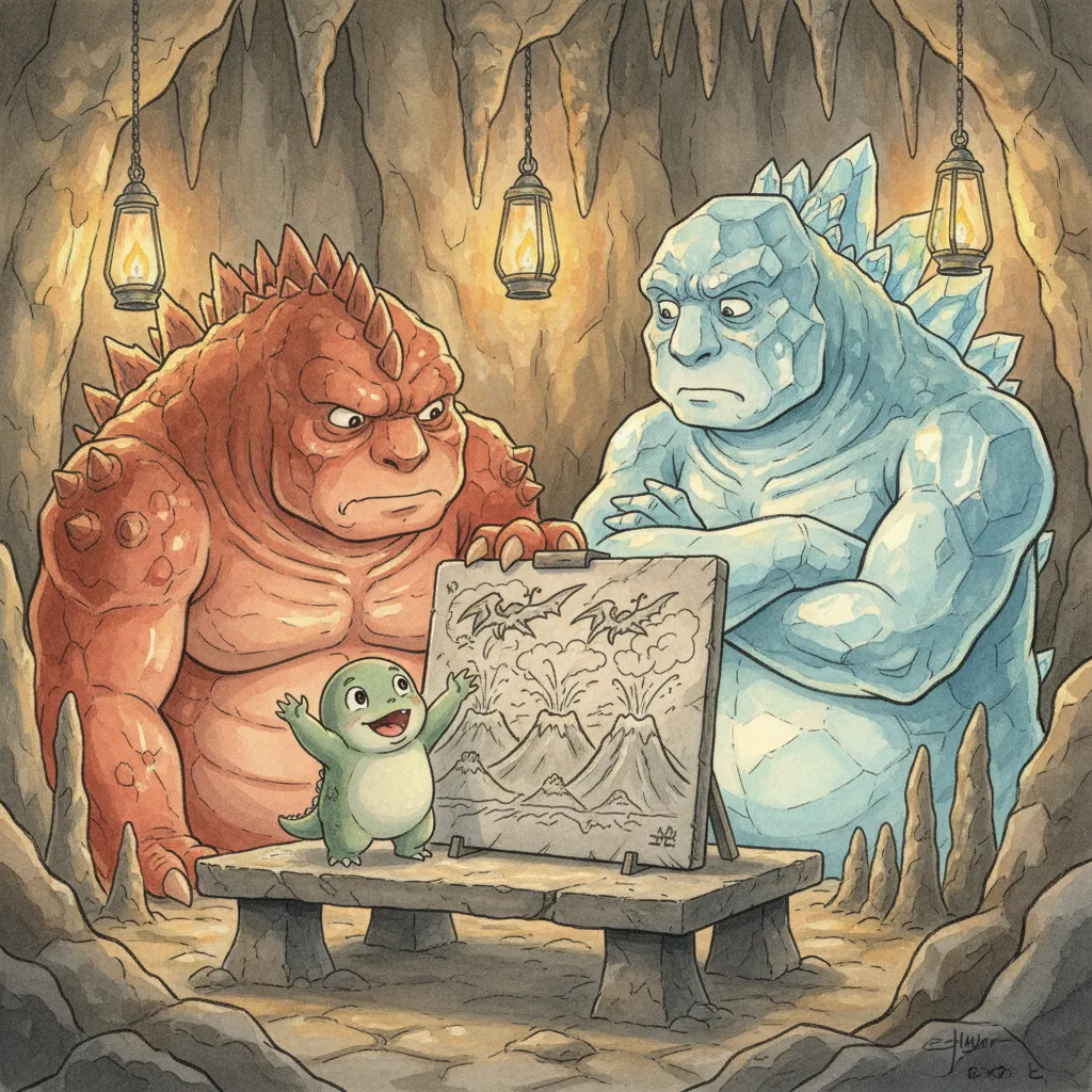 興奮して設計図を描き始めるクロワと、満足げに頷くガリョウ