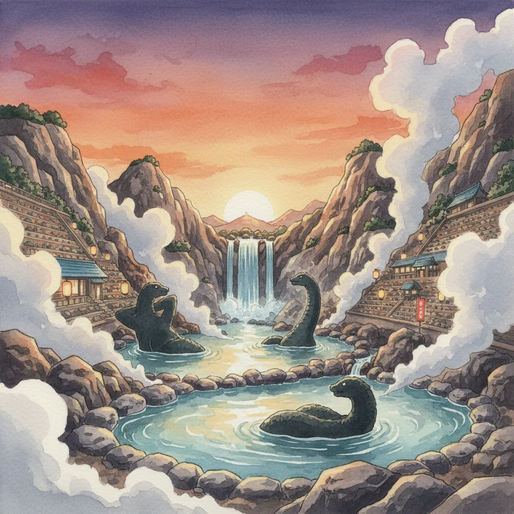 湯煙の中で温泉に浸かる3匹の怪獣