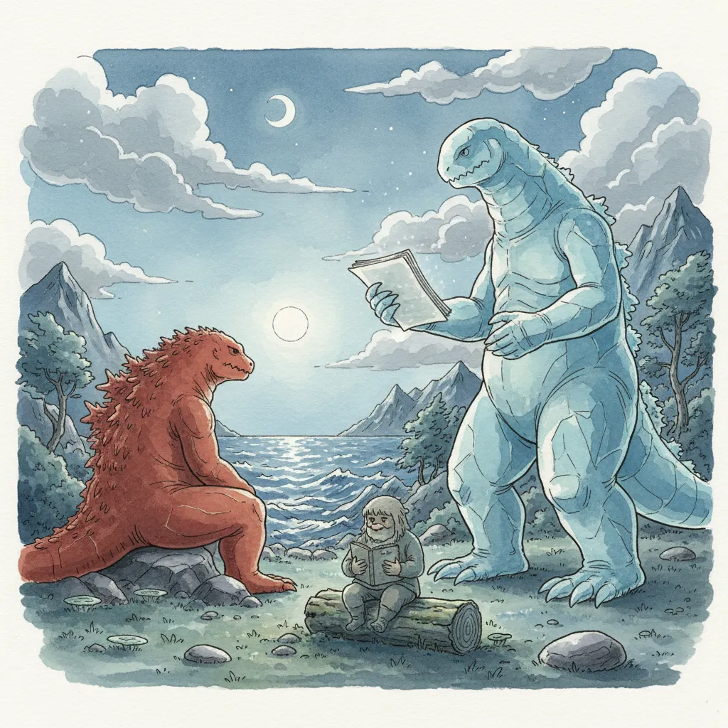 焚き火のない暗い岩場で、離れて座る3匹