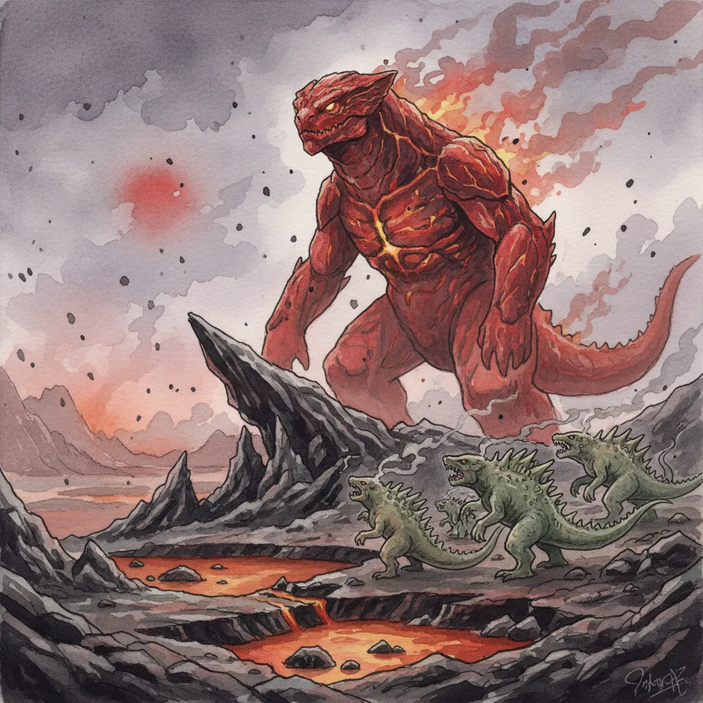 若い怪獣たちの前で腕を組むガリョウ、海を背にして