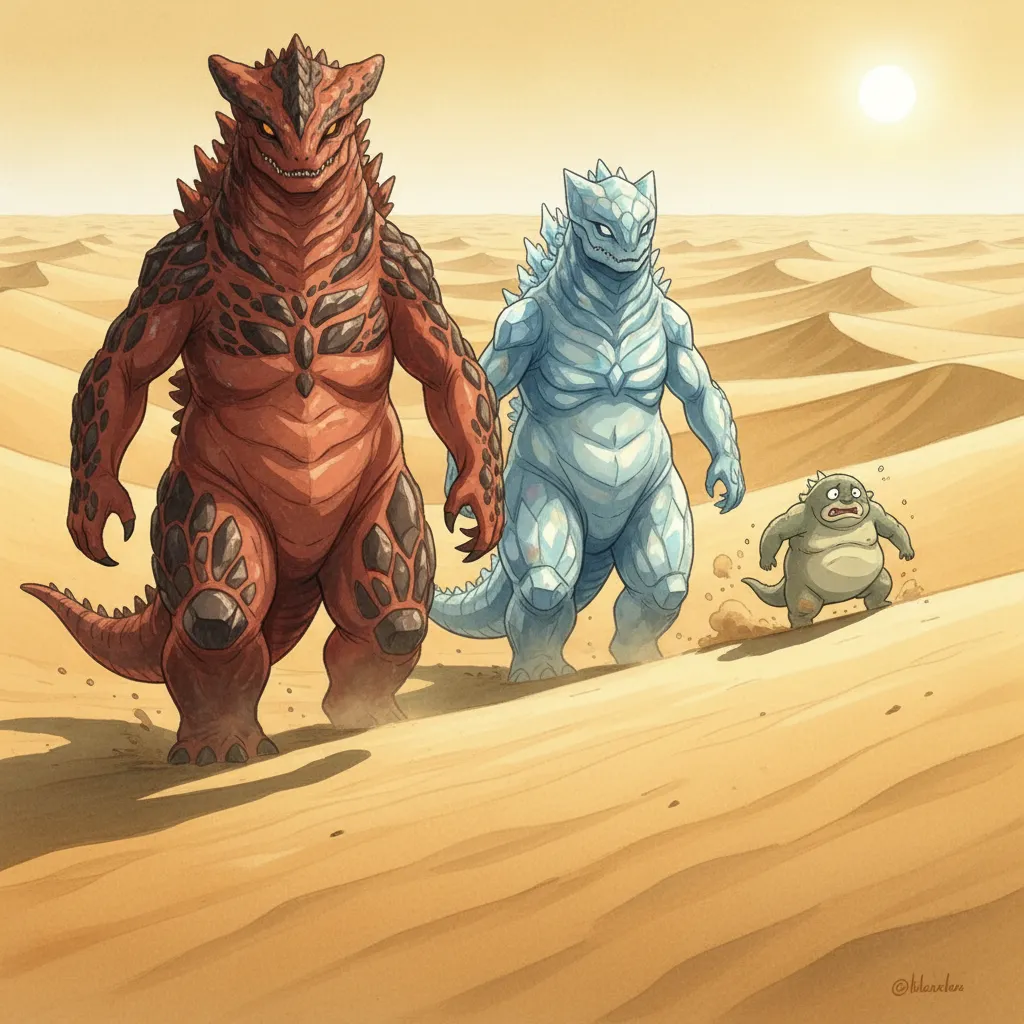 果てしない砂漠を歩く3匹のシルエット