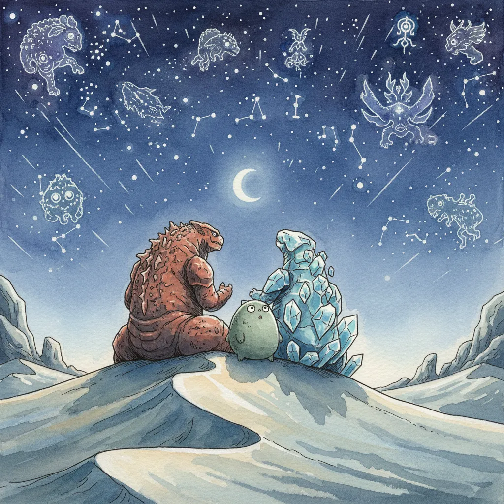 砂丘の上から星空を見上げる3匹